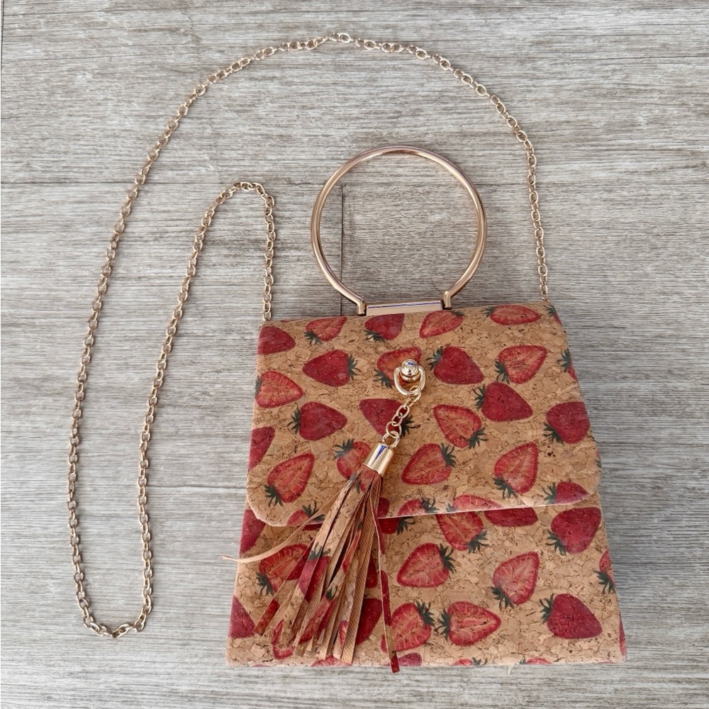 Strawberry Print Cork Handbag w/ Tassel & Gold Ring Handle Removable Chain Strap